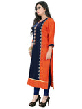 Buys Women's Orange, Blue Color Rayon Straight Kurta